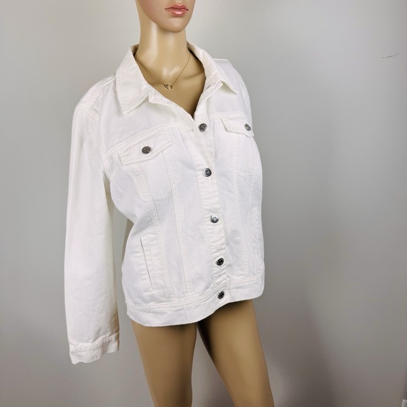 Old Navy women's casual white denim jacket Sz L Cotton Wardrobe Staple - Picture 1 of 15